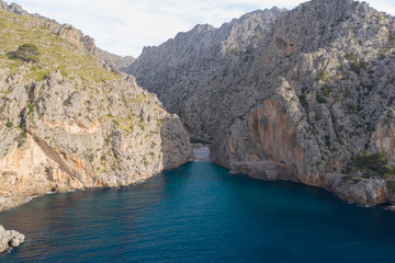 Fototapeta na wymiar Drone shot of sa calobra beach from sea side.Beautiful destination in Mallorca.