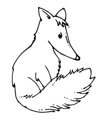 Hand drawing. Curious fox. Black Outline. Vector. Drawn in pencil, ink, felt-tip pen, marker on paper. A careless quick sketch. Comic cartoon style. Isolated on a white background. Doodle.