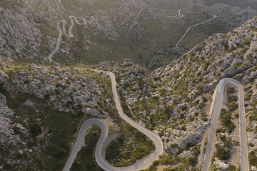 Drone shot of serpentine roads to Sa Calobra in Mallorca.