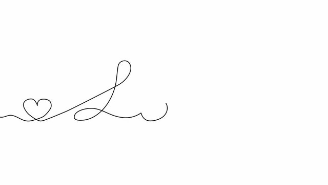 Self drawing animation of continuous one line drawing of isolated object - word text love cursive. Word and heart