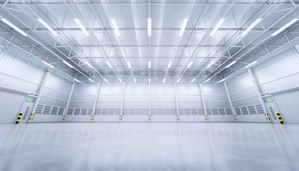 3d rendering of empty warehouse building with concrete floor.