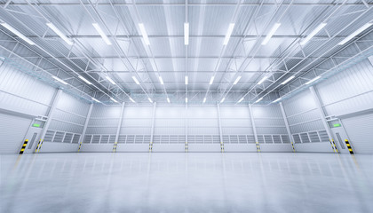 3d rendering of empty warehouse building with concrete floor.