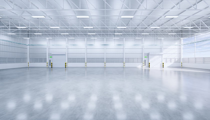 Hangar or industrial building. Protection with security door, roller door or roller shutter. Modern interior design with concrete floor, steel wall and empty space for industry background. 3d render. - obrazy, fototapety, plakaty