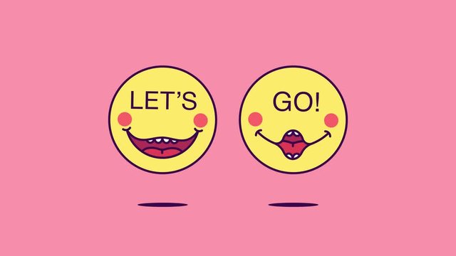 2 jumping emoji faces with phrase Lets Go. Emoticon with text Lets Go. Cartoon looped animation, emotional motion graphic for social media communication