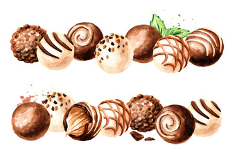 Chocolate candy, truffle with soft caramel praline filling. Hand drawn watercolor illustration, isolated on white background