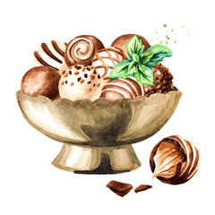 Chocolate candy, truffle, praline in the bowl. Hand drawn watercolor illustration isolated on white background - obrazy, fototapety, plakaty