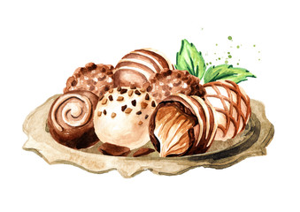 Chocolate truffle candy On the plate. Hand drawn watercolor illustration isolated on white background