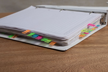 cuaderno con separadores de colores y texto 