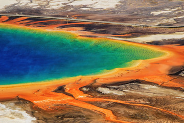 Close-up aerial view of Grand Prismatic Spring in Midway Geyser Basin, Yellowstone National Park, Wyoming, USA