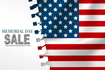 Memorial Day banner or flyer background with American flag. United States of America national holiday. Vector illustration.