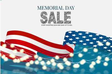 Memorial Day sale banner background with American flag ribbon. United States of America national holiday celebration concept. Vector illustration.