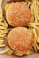 Beef burgers and French fries in the cafe 