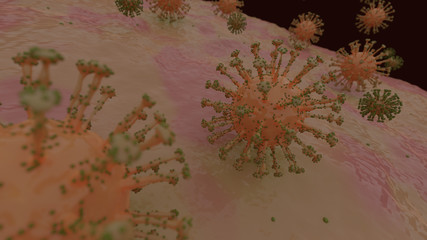 Close-up of a group of coronavirus 2019 outbreak (covid19) clinging to the surface of the lungs.