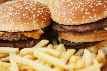 Beef burgers and French fries in the cafe