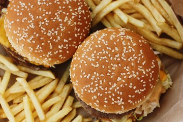 Beef burgers and French fries in the cafe