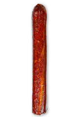 smoked red long whole sausage on a white background