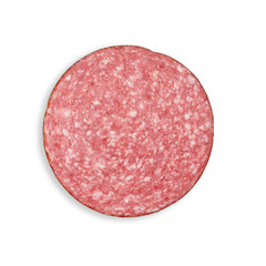 round red sliced piece of smoked sausage with a lot of fat on a white background