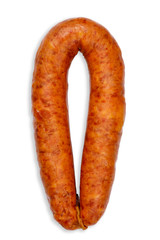 smoked whole piece round sausage with a rope. top view