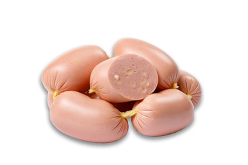 white small sausages with fat. one cut piece. front view on a white background