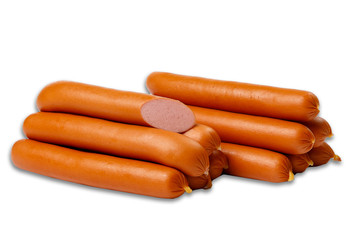 smoked sausages stacked on top of each other. front view on a white background