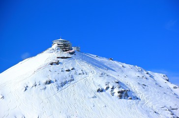Schilthorn's summit, 2970 m, with the Piz Gloria.  Bernese Alps of Switzerland, Europe.
