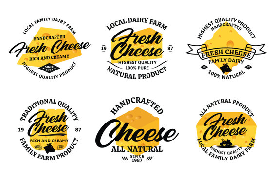 Vector cheese vintage logo and icons for dairy products, groceries, dairies, packaging, branding and identity