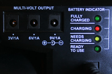 Battery indicator with the inscriptions "need to load and charge full". Seeing bright red, green and yellow. Branch with voltage indication. 