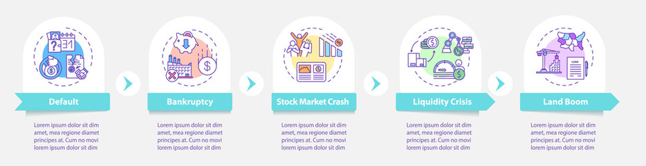 Economic crisis vector infographic template. National, global emergencies presentation design elements. Data visualization with five steps. Process timeline chart. Workflow layout with linear icons