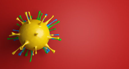 View of Coronavirus under microscope isolated on red background. Corona virus outbreaking. 3D illustration.