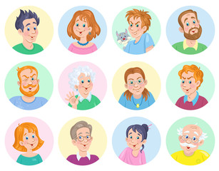 Avatar icons of happy people of different ages and characters. In cartoon style. Isolated over white background. Vector flat illustration.
