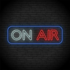 Fototapeta premium On Air broadcast radio neon sign illustration. Realistic glowing shining design element for studio warning board, news, radio, tv.