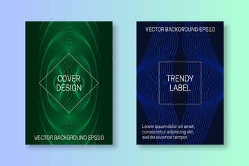 Сover templates with symmetric cybernetic pattern of dots and lines. Green and blue monochrome futuristic brochures or packaging backgrounds design.