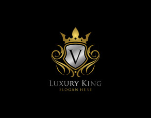 Luxury Shield V Letter Gold Logo, Golden V Classic Protection Symbol