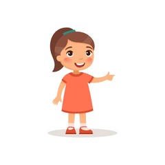 Little girl pointing with index finger flat vector illustration. Smiling female child in dress standing cartoon character. Kid showing direction, paying attention gesture isolated on white background