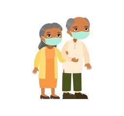 Old  indian  couple in medical masks. Senior couple walking together. Elderly woman holds arm of elderly man. Respiratory viral infections or allergies concept. Vector illustration