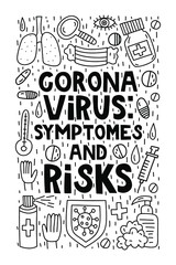 Coronavirus: symptomes and risks. Doodle illustrations with lettering