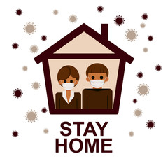 Stay home banner template. Family sitting home during the quarantine or self-isolation. Health care concept. Fears of getting coronavirus. Global viral epidemic or pandemic. Flat vector illustration