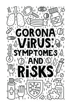 Coronavirus: symptomes and risks. Doodle illustrations with lettering