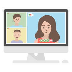 Fototapeta na wymiar Desktop computer with group of colleagues, business team talking and chatting at the video call. Online conference application interface, communication concept. Cute cartoon flat vector illustration.