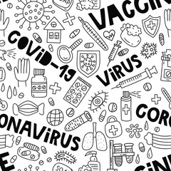 Coronavirus. Seamless pattern with doodle illustrations and lettering on medical theme