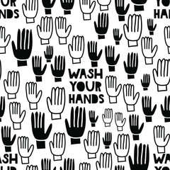 Wash your hands. Seamless pattern with black and white hands with lettering