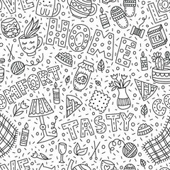 Seamless pattern with lettering and doodles on home theme