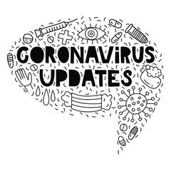 Coronavirus updates. Doodle illustrations with lettering in speach bubble shape