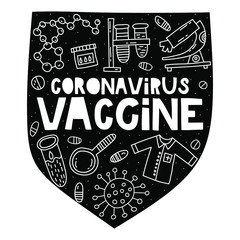 Coronavirus. Doodle illustrations with lettering in shield shape