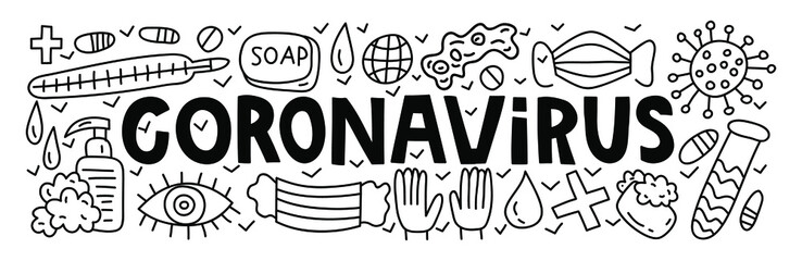 Coronavirus. Banner with doodle illustrations and lettering