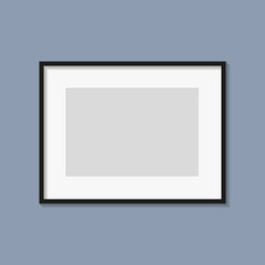 Black photo or picture frame with white mat and shades isolated on dark gray background. Vector illustration. Wall decor. Rectangle horizontal photo frame