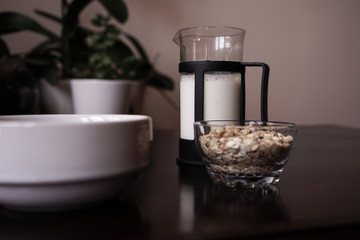 white porcelain bowl and oatmeal on a transparent bowl.