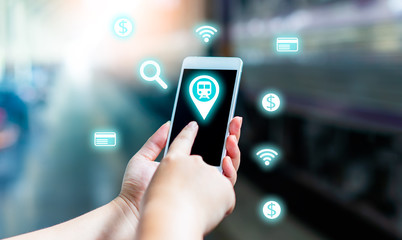 Young smart solo woman tourist travel use mobile phone application plan search information organize trip book reserve transportation bus train hotel flight by internet cashless credit card technology