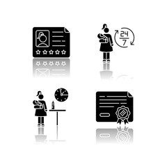 Babysitter service drop shadow black glyph icons set. Professional reference for employee. Full time babysitting. Part time child care. Isolated vector illustrations on white space