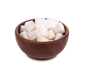 Fototapeta na wymiar sugar cube in wooden bowl on white background
